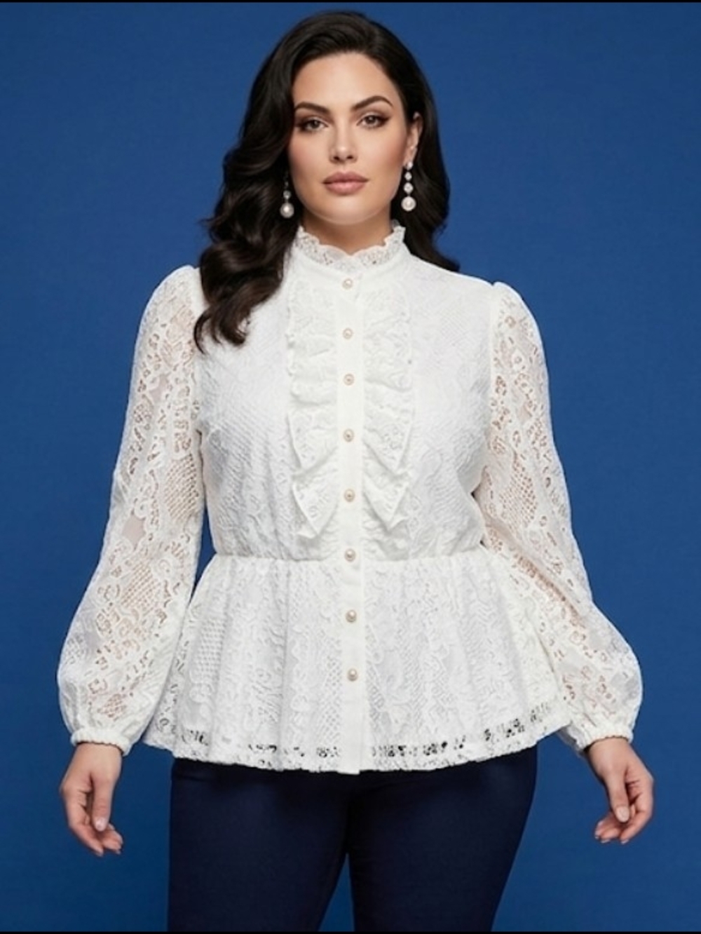 Sweet Rain White Lace Ruffle Peplum Blouse Size 2X